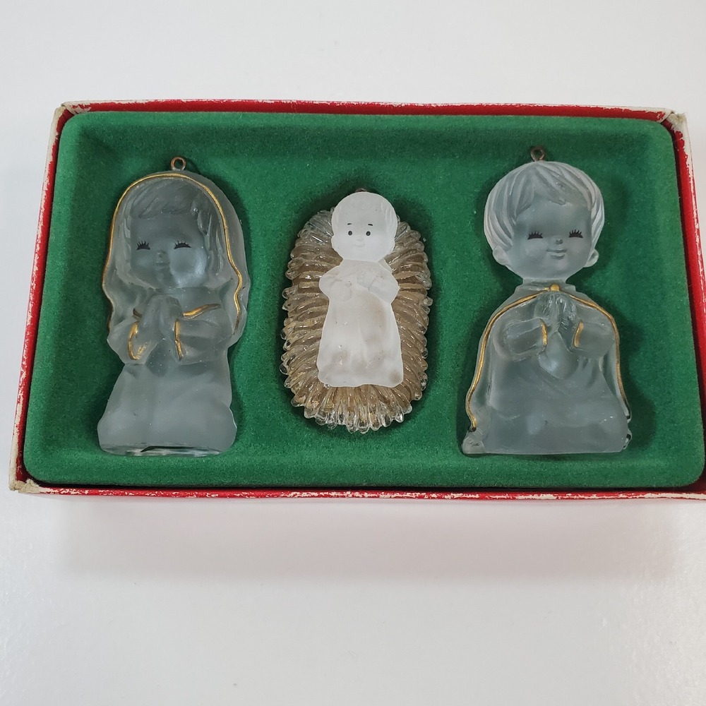 3 pc Clear Frosted w/ Gold Accents Acrylic Nativity Figures Made In Hong Kong